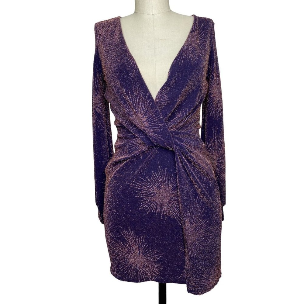 Better Be Long Sleeve V-Neck Twist Front Mini Dress Purple Size Small NWT